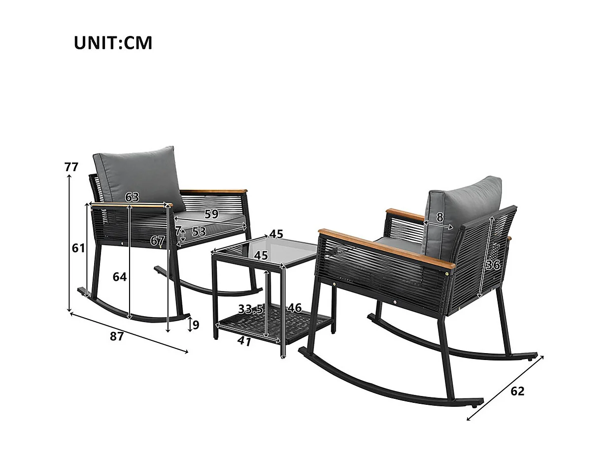 Conjunto de três, conjunto bistrô, conjunto de cadeiras de baloiço com corda, com mesa de centro em vidro, com almofadas para assento e costas, preto