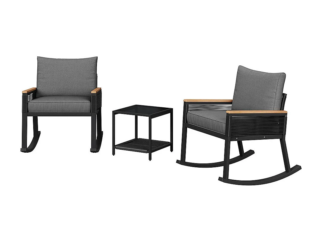 Conjunto de três, conjunto bistrô, conjunto de cadeiras de baloiço com corda, com mesa de centro em vidro, com almofadas para assento e costas, preto