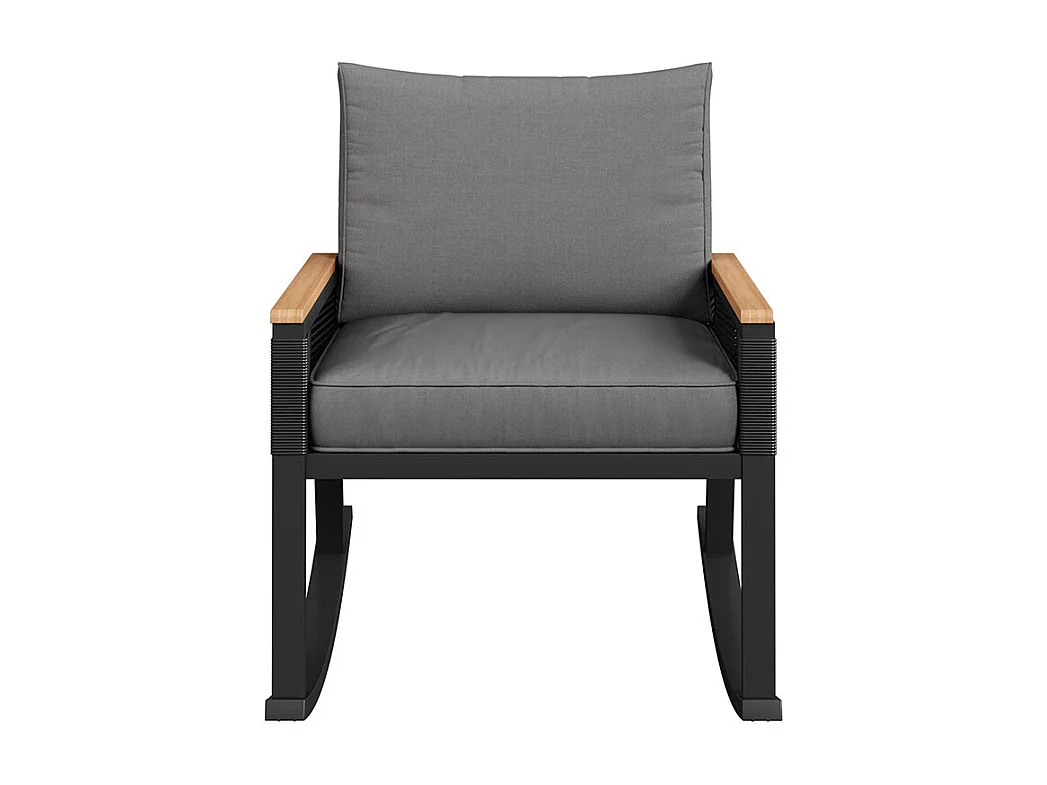 Conjunto de três, conjunto bistrô, conjunto de cadeiras de baloiço com corda, com mesa de centro em vidro, com almofadas para assento e costas, preto