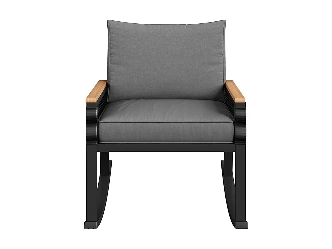 Conjunto de três, conjunto bistrô, conjunto de cadeiras de baloiço com corda, com mesa de centro em vidro, com almofadas para assento e costas, preto