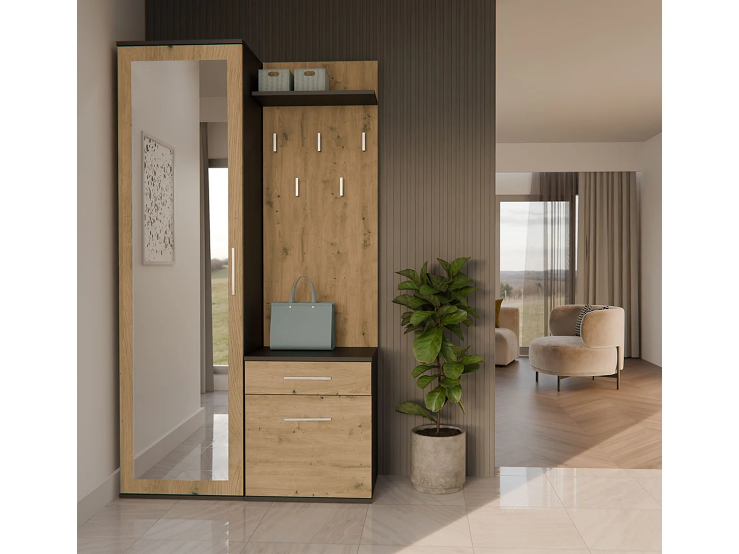 Flurgarderobe - mit Schrank und Spiegel - Eiche Artisan / Grau - 100 cm - DUVIO