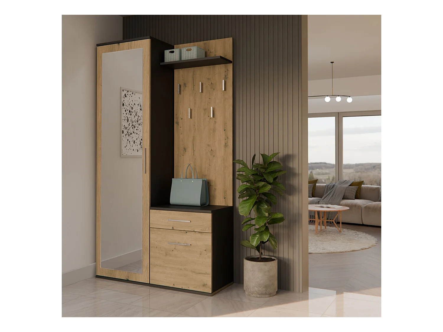 Flurgarderobe - mit Schrank und Spiegel - Eiche Artisan / Grau - 100 cm - DUVIO
