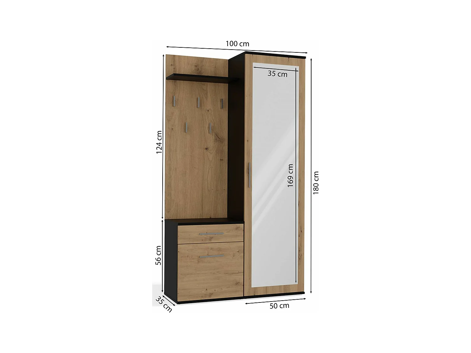 Flurgarderobe - mit Schrank und Spiegel - Eiche Artisan / Grau - 100 cm - DUVIO