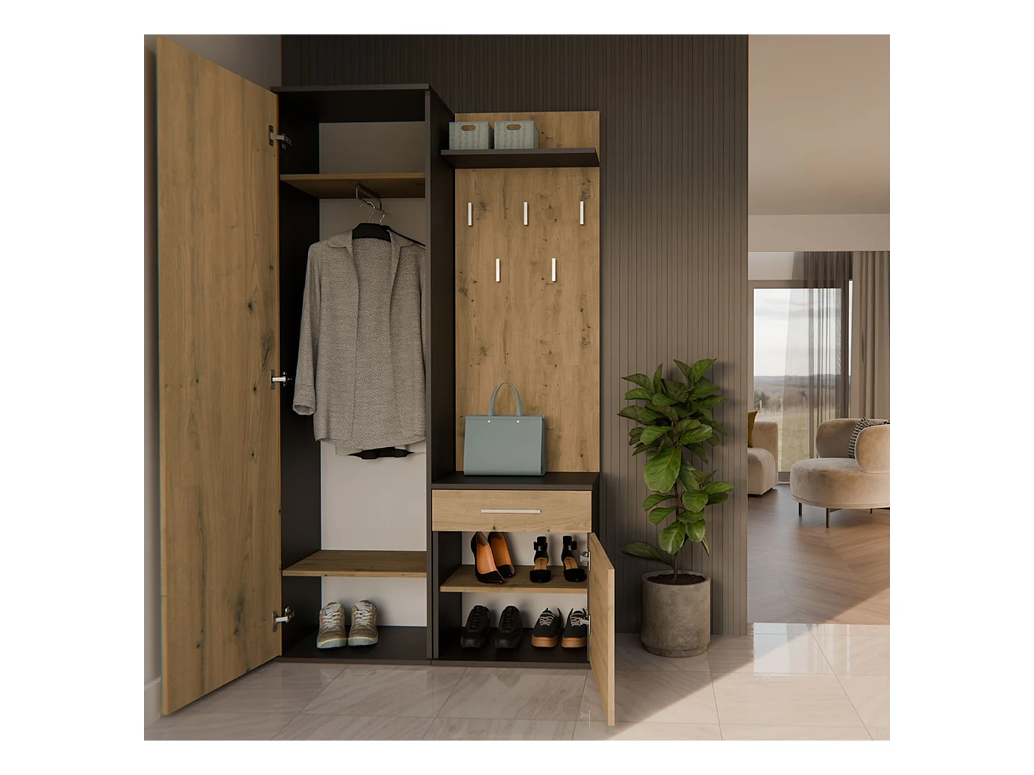 Flurgarderobe - mit Schrank und Spiegel - Eiche Artisan / Grau - 100 cm - DUVIO
