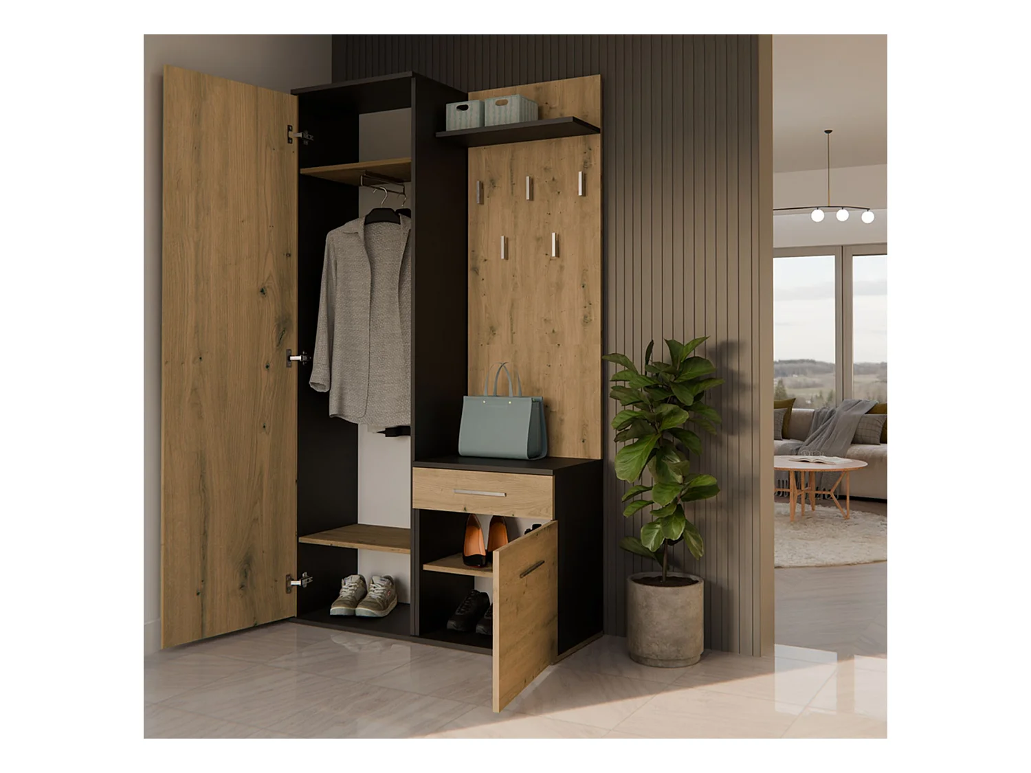 Flurgarderobe - mit Schrank und Spiegel - Eiche Artisan / Grau - 100 cm - DUVIO
