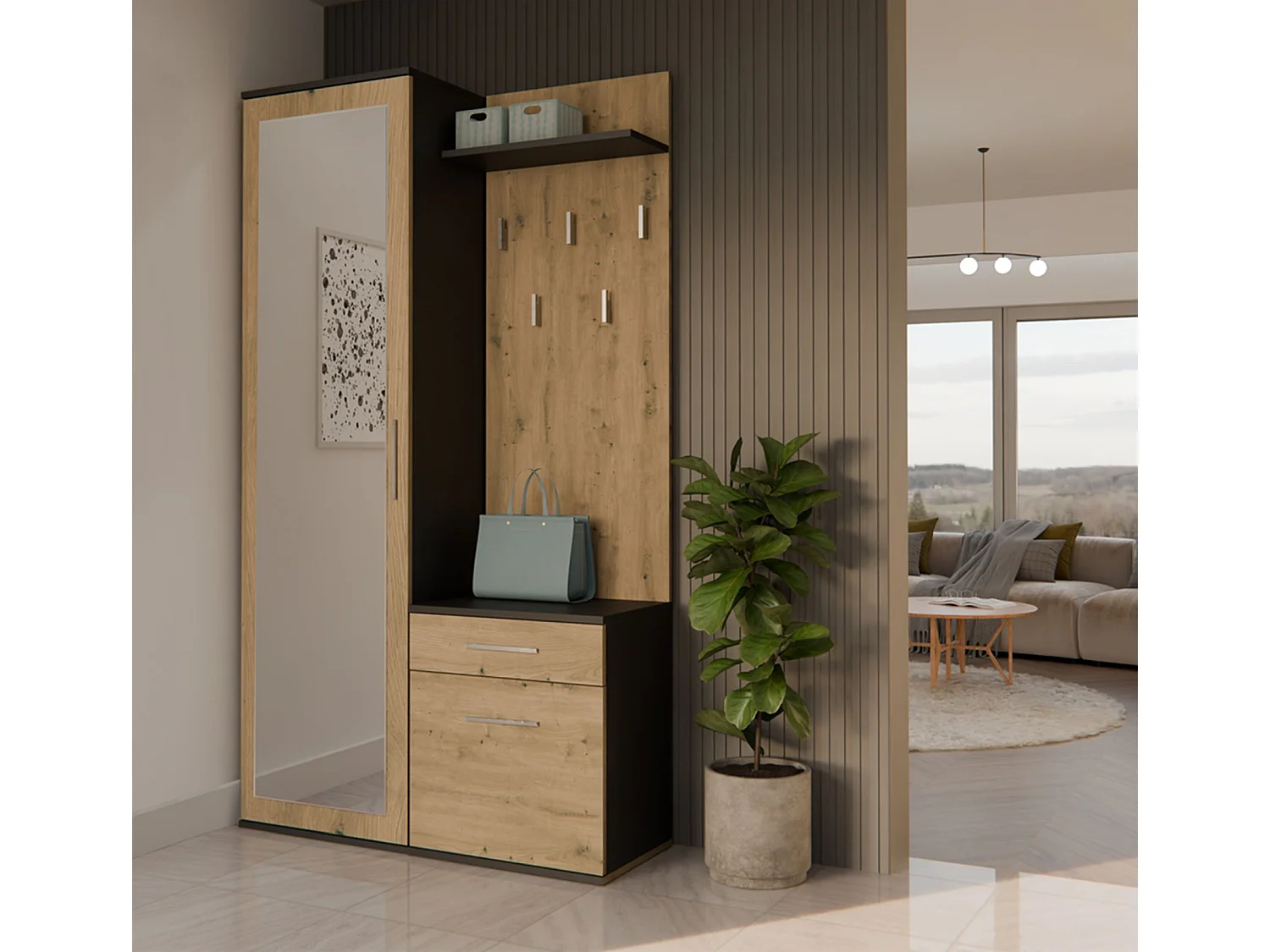 Entreeset met spiegel – 100 cm – ambachtelijk eiken / grijs – DUVIO