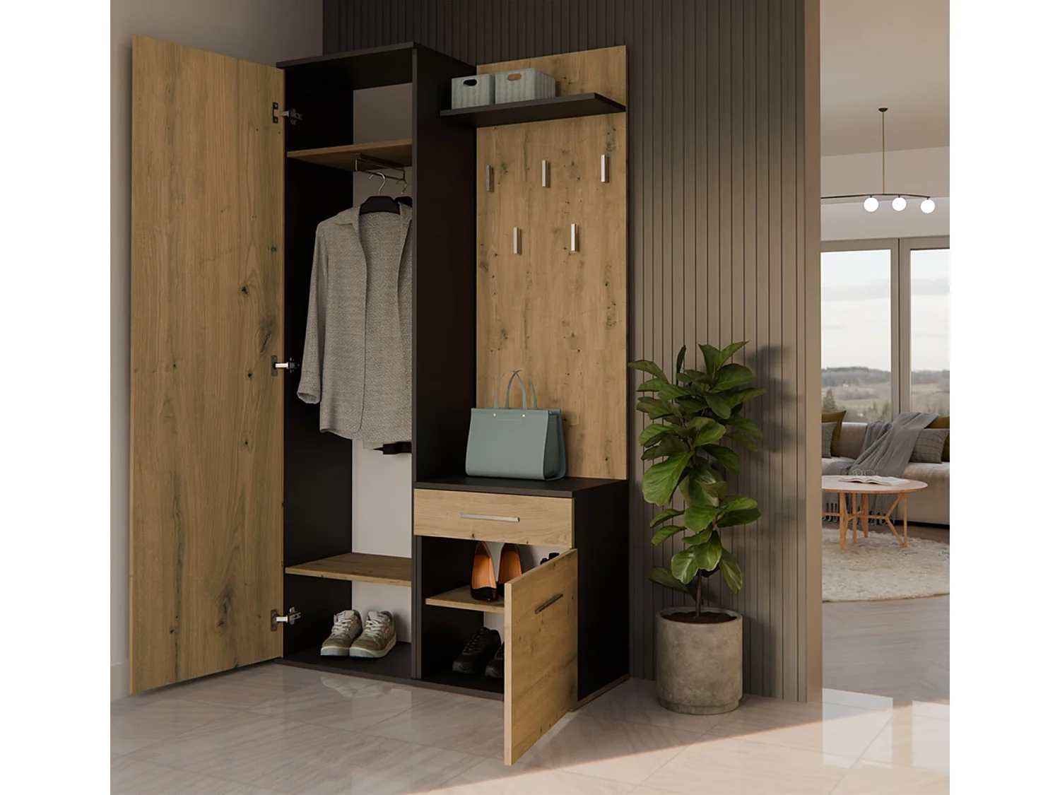 Entreeset met spiegel – 100 cm – ambachtelijk eiken / grijs – DUVIO