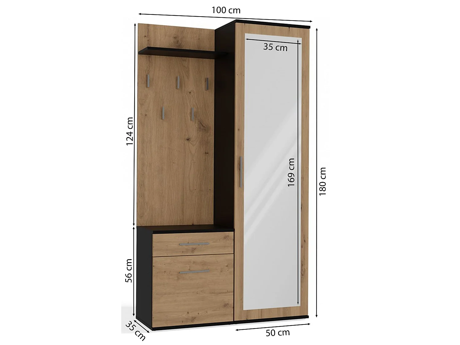 Ensemble d'entrée avec miroir – 100 cm – chêne artisan / gris – DUVIO