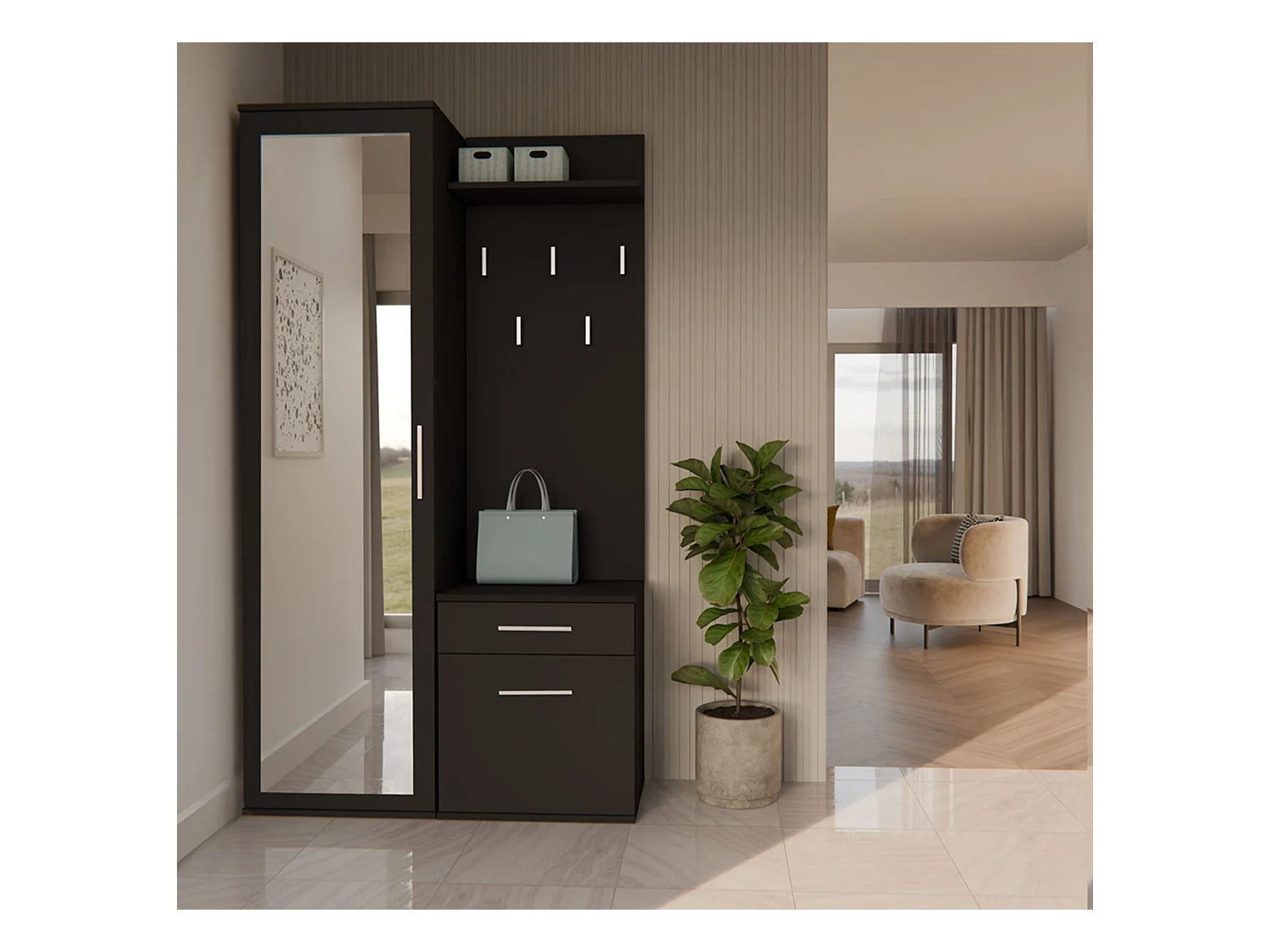 Ensemble d'entrée avec miroir – 100 cm – noir – DUVIO