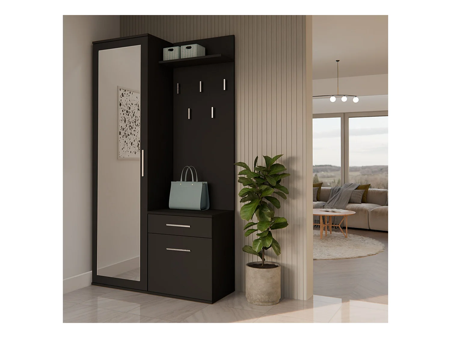 Ensemble d'entrée avec miroir – 100 cm – noir – DUVIO
