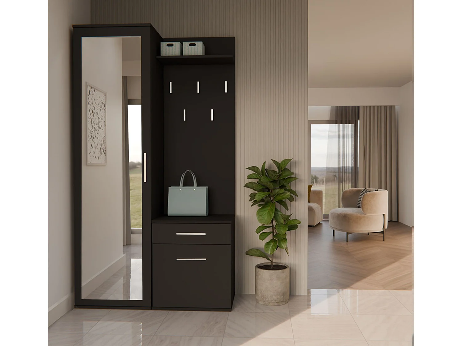 Ensemble d'entrée avec miroir – 100 cm – noir – DUVIO