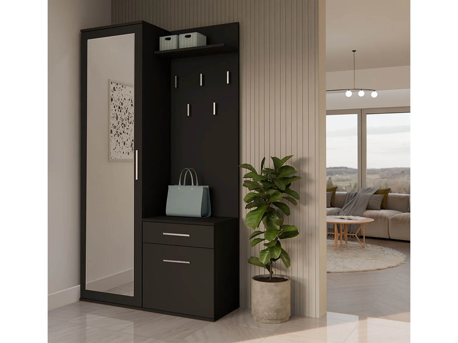 Ensemble d'entrée avec miroir – 100 cm – noir – DUVIO