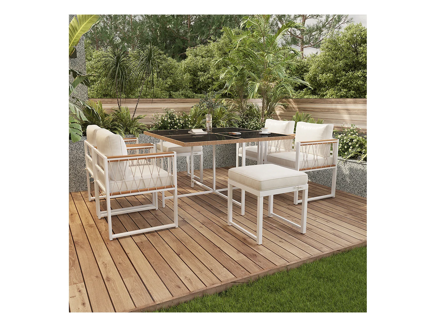 7-delige outdoor tafel en stoel set voor 6 personen, gehard glazen tafel, PE rotan cover, acacia houten armleuningen,wit