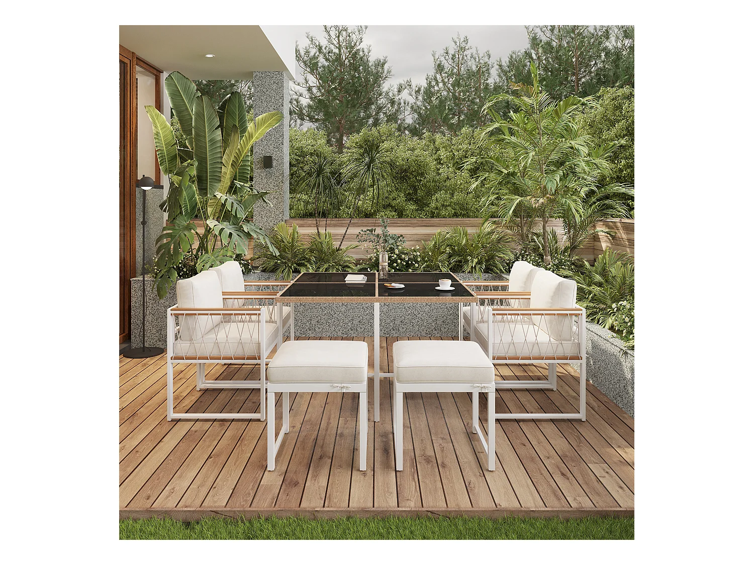 7-delige outdoor tafel en stoel set voor 6 personen, gehard glazen tafel, PE rotan cover, acacia houten armleuningen,wit