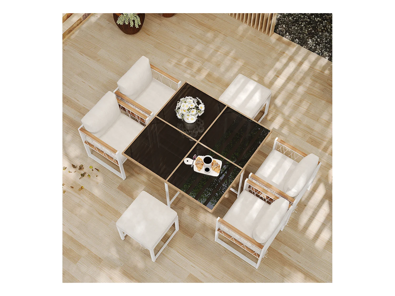 7-delige outdoor tafel en stoel set voor 6 personen, gehard glazen tafel, PE rotan cover, acacia houten armleuningen,wit