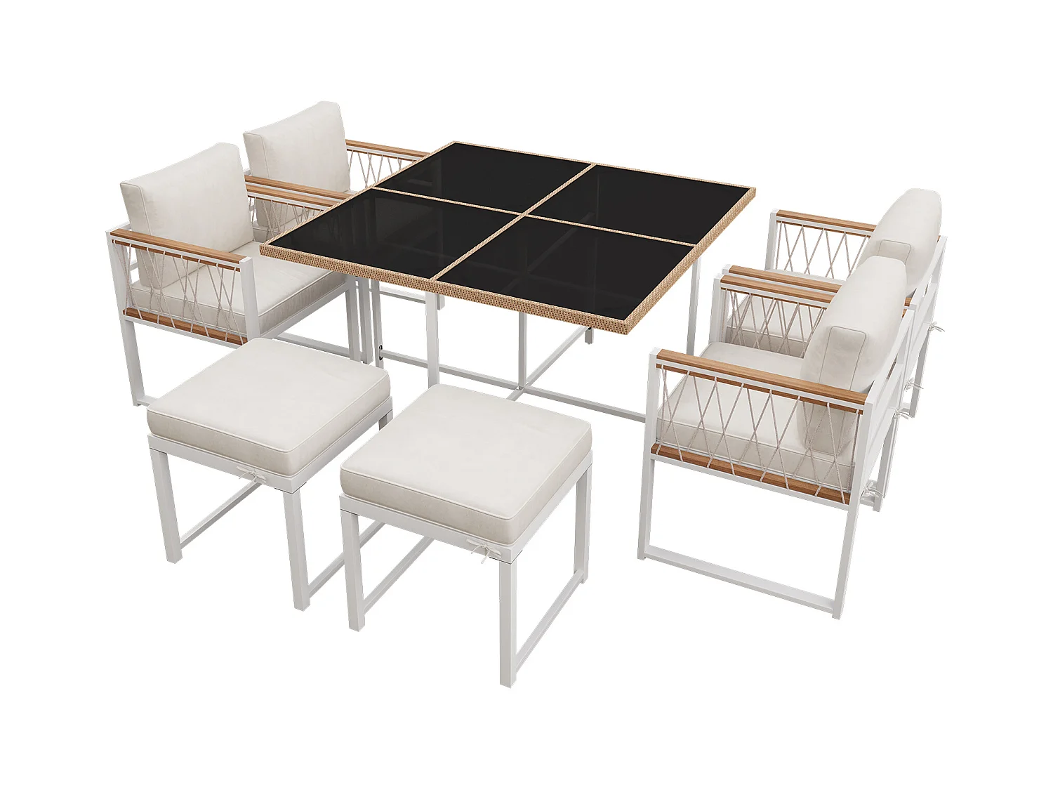 7-delige outdoor tafel en stoel set voor 6 personen, gehard glazen tafel, PE rotan cover, acacia houten armleuningen,wit