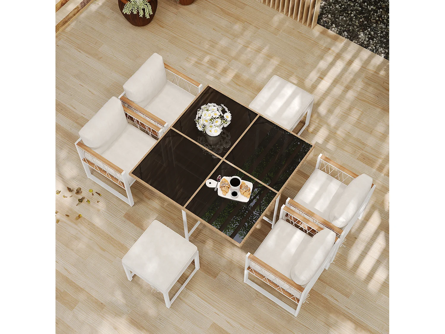 7-teiliges Outdoor-Tisch- und Stuhlset für 6 Personen, Tisch aus gehärtetem Glas, Rattanhülle PE, Armlehnen aus Akazienholz,weiß