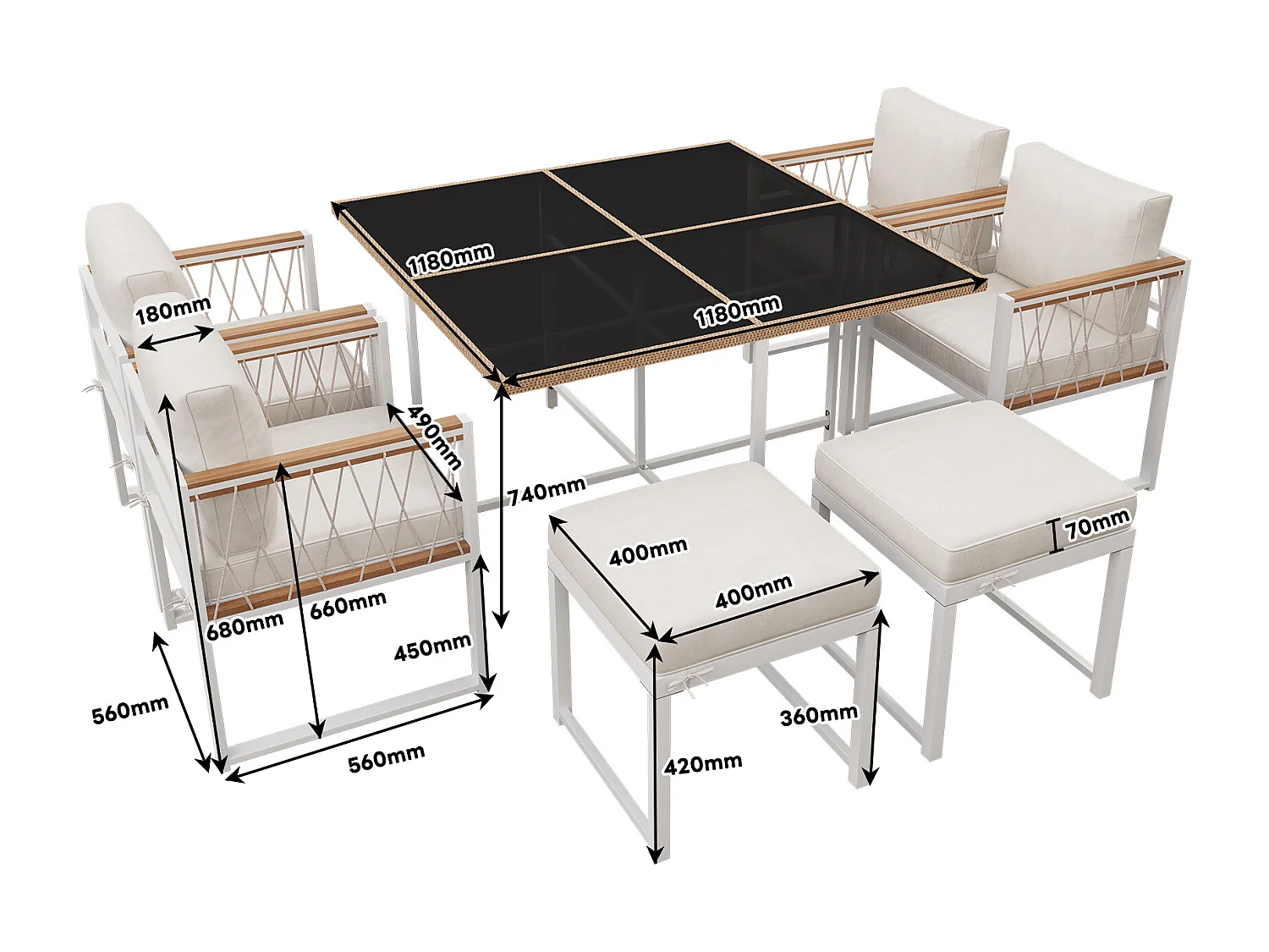7-teiliges Outdoor-Tisch- und Stuhlset für 6 Personen, Tisch aus gehärtetem Glas, Rattanhülle PE, Armlehnen aus Akazienholz,weiß