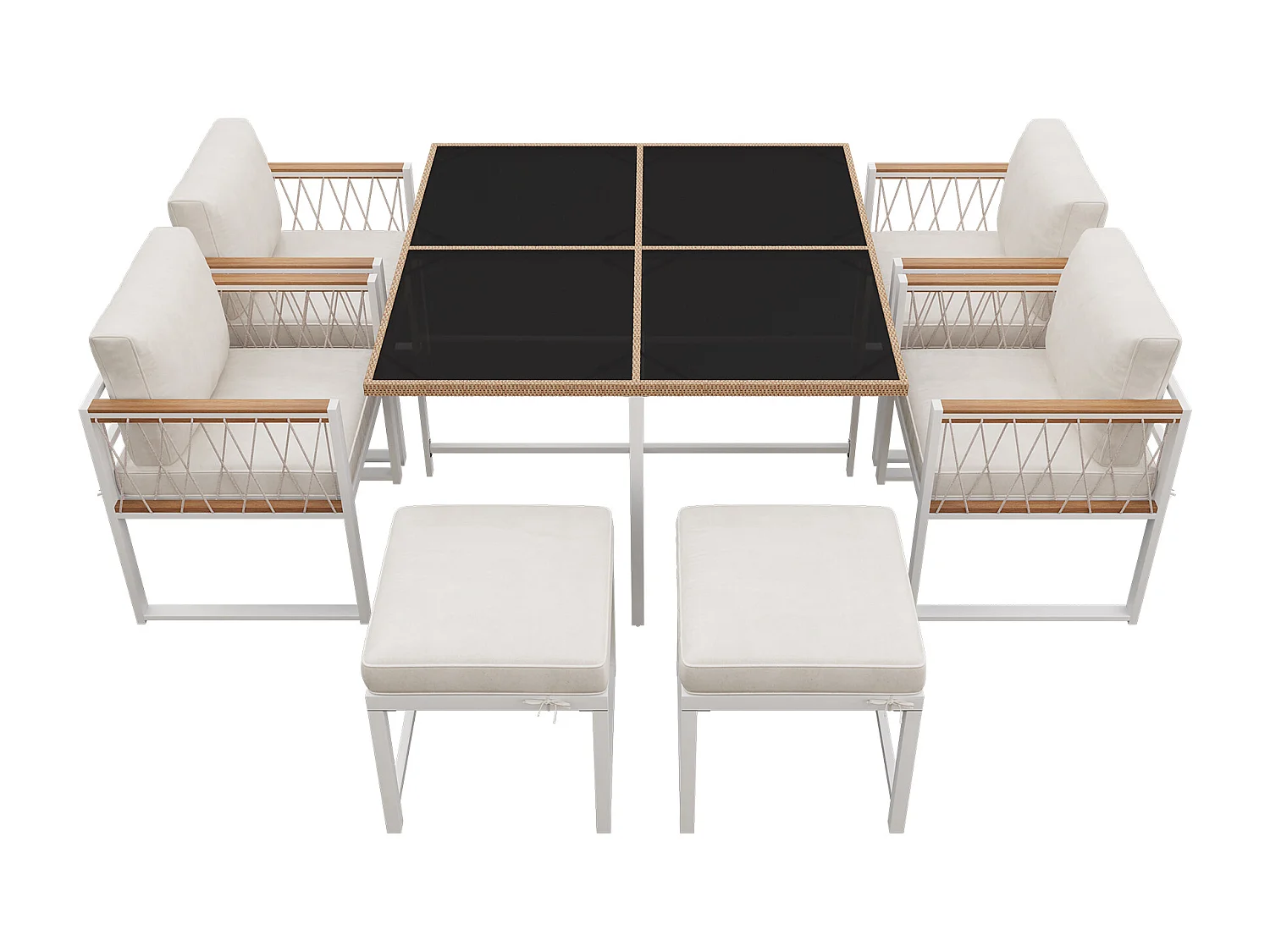 7-teiliges Outdoor-Tisch- und Stuhlset für 6 Personen, Tisch aus gehärtetem Glas, Rattanhülle PE, Armlehnen aus Akazienholz,weiß