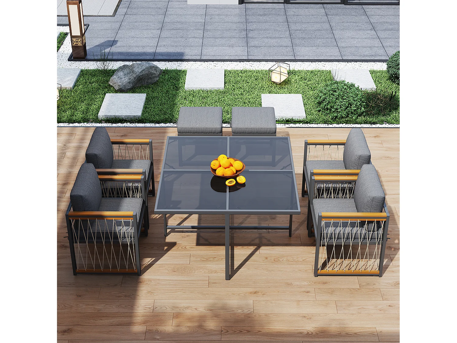 7-teilige Outdoor-Tisch- und Stuhlkombination für 6 Personen, Tisch aus gehärtetem Glas, PE-Rattanhülle, Armlehnen aus Akazienholz,schwarz