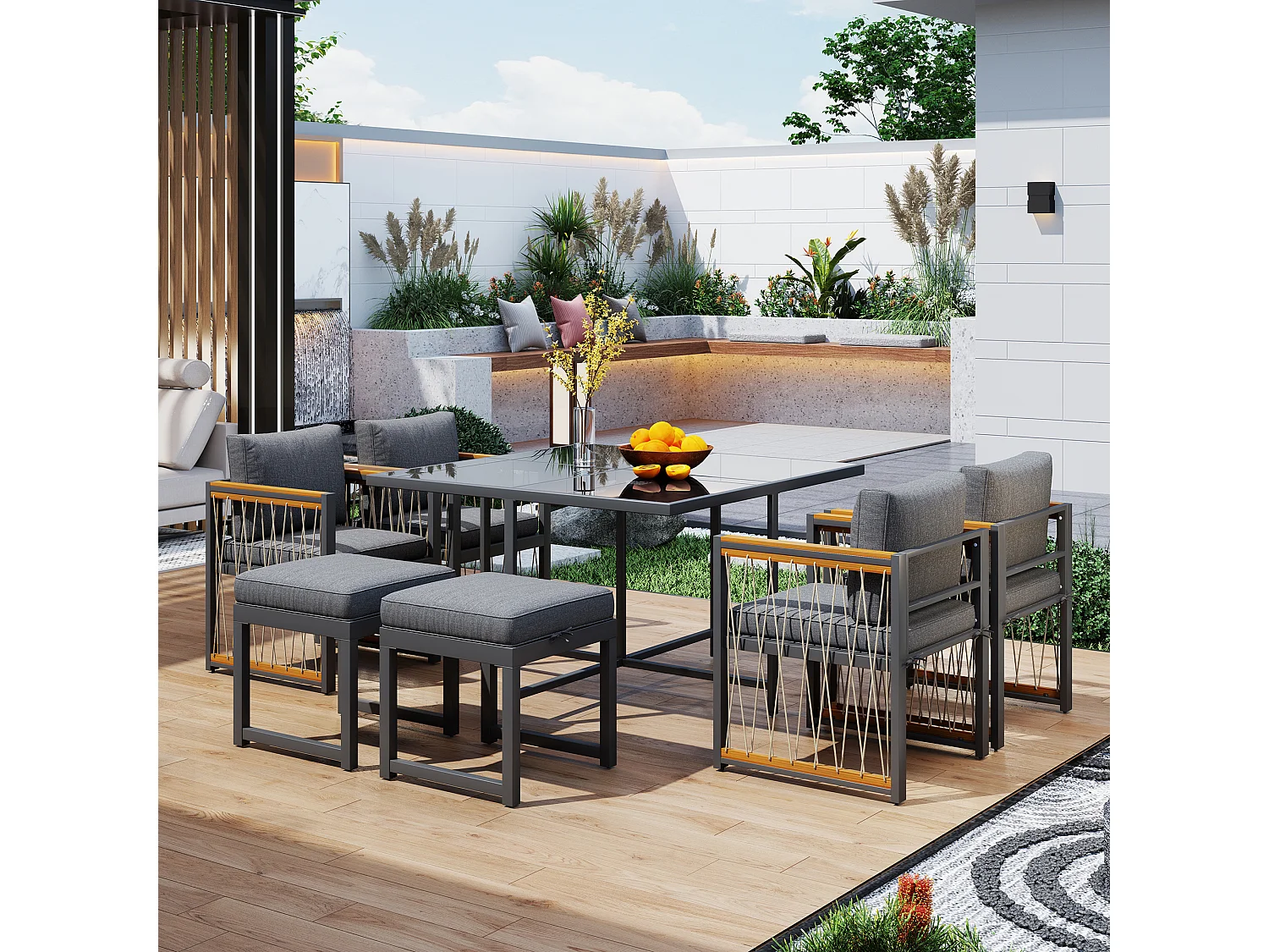 7-teilige Outdoor-Tisch- und Stuhlkombination für 6 Personen, Tisch aus gehärtetem Glas, PE-Rattanhülle, Armlehnen aus Akazienholz,schwarz