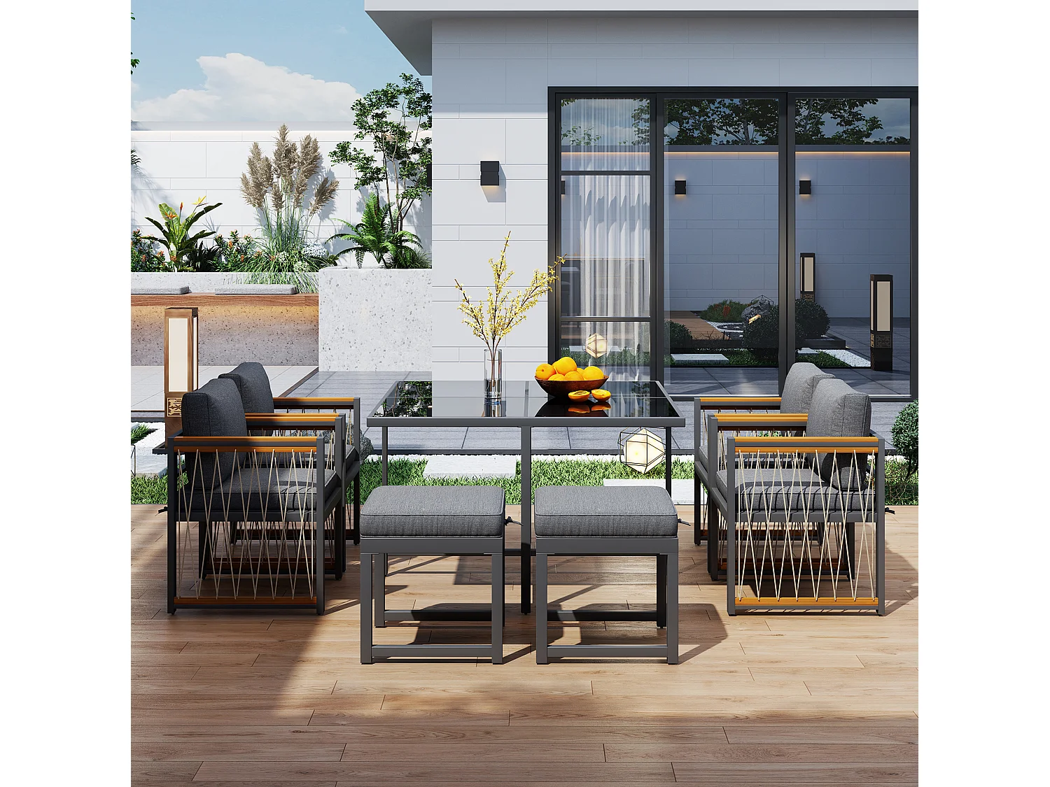 7-teilige Outdoor-Tisch- und Stuhlkombination für 6 Personen, Tisch aus gehärtetem Glas, PE-Rattanhülle, Armlehnen aus Akazienholz,schwarz