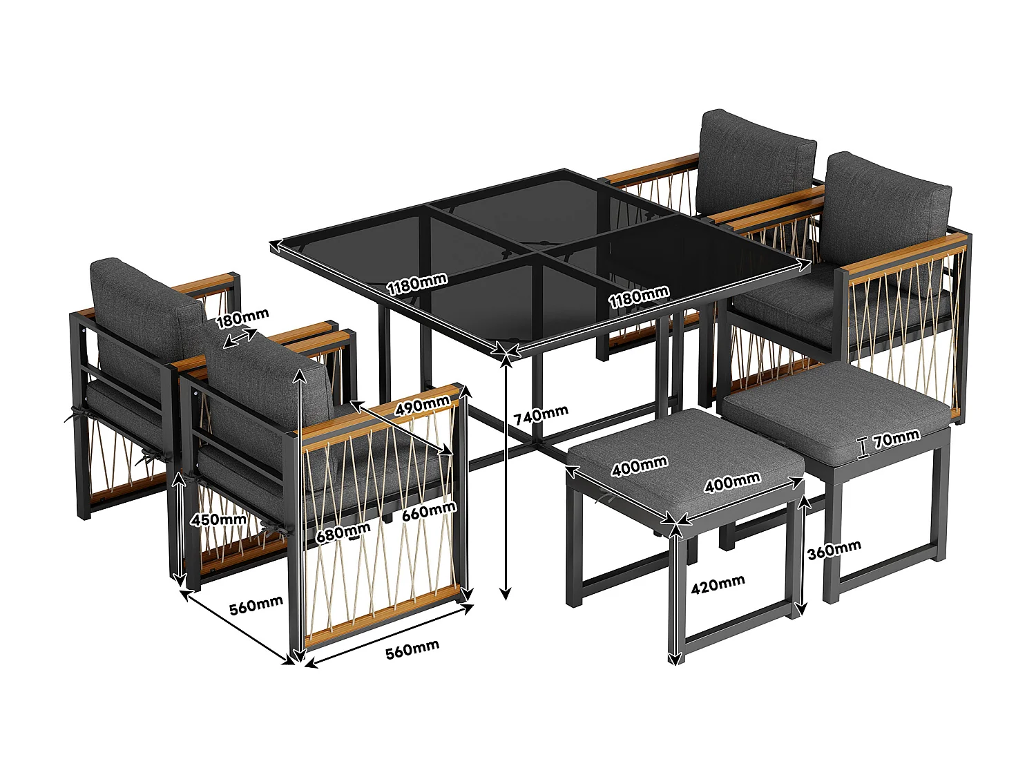7-teilige Outdoor-Tisch- und Stuhlkombination für 6 Personen, Tisch aus gehärtetem Glas, PE-Rattanhülle, Armlehnen aus Akazienholz,schwarz