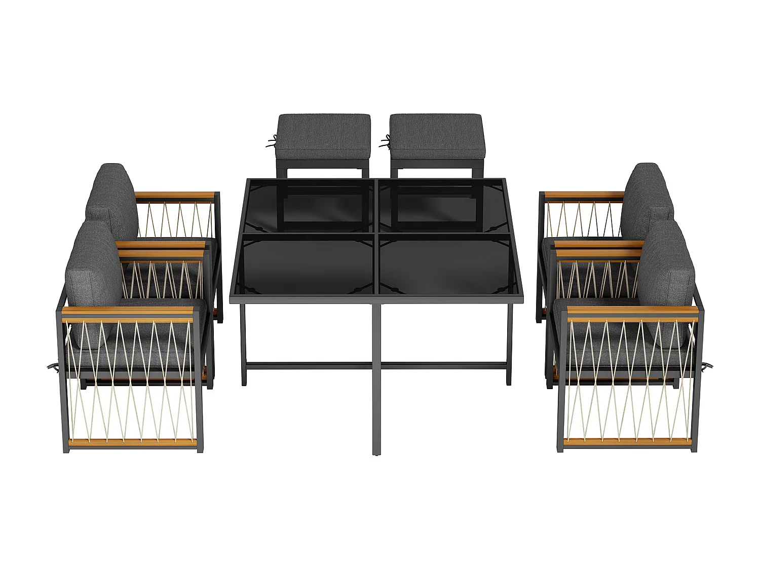 7-teilige Outdoor-Tisch- und Stuhlkombination für 6 Personen, Tisch aus gehärtetem Glas, PE-Rattanhülle, Armlehnen aus Akazienholz,schwarz