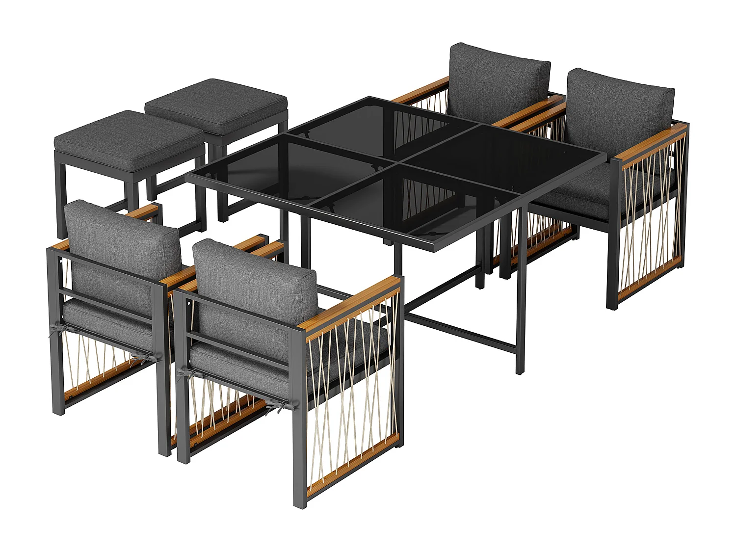 7-teilige Outdoor-Tisch- und Stuhlkombination für 6 Personen, Tisch aus gehärtetem Glas, PE-Rattanhülle, Armlehnen aus Akazienholz,schwarz