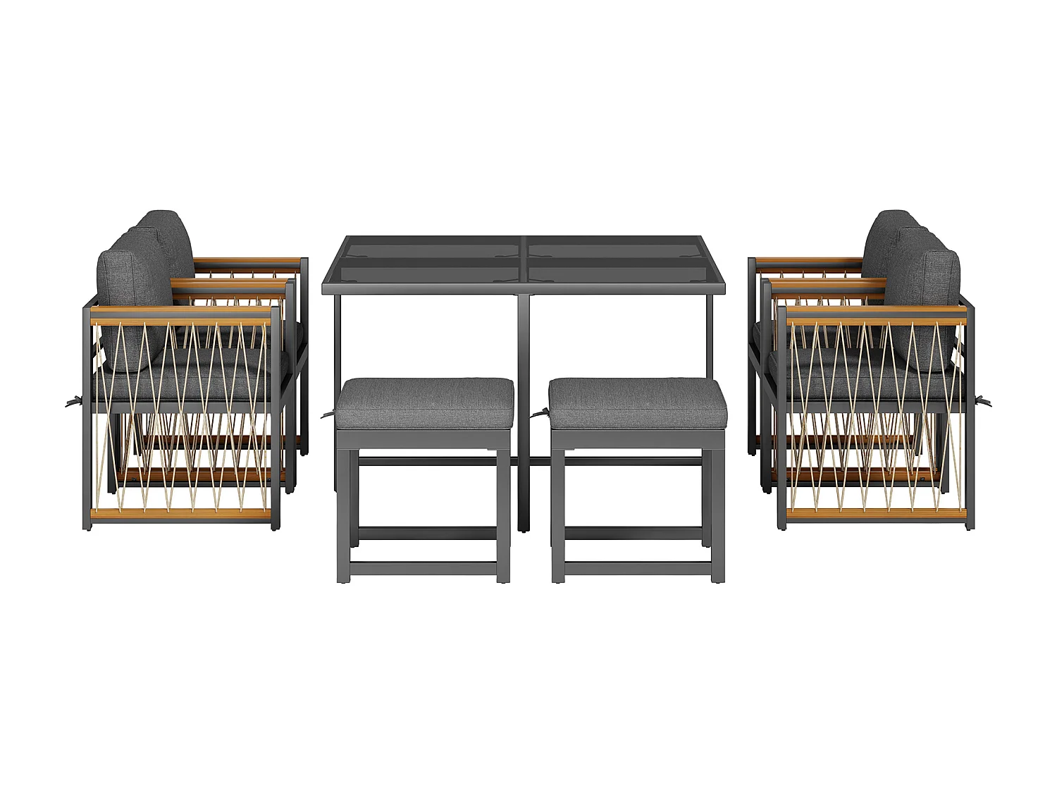7-teilige Outdoor-Tisch- und Stuhlkombination für 6 Personen, Tisch aus gehärtetem Glas, PE-Rattanhülle, Armlehnen aus Akazienholz,schwarz