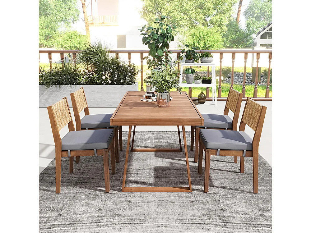 Conjunto de mesa de jantar de exterior com 5 peças, costas em rotim PE, mesa e cadeiras em madeira de acácia, cor natural e cinzenta