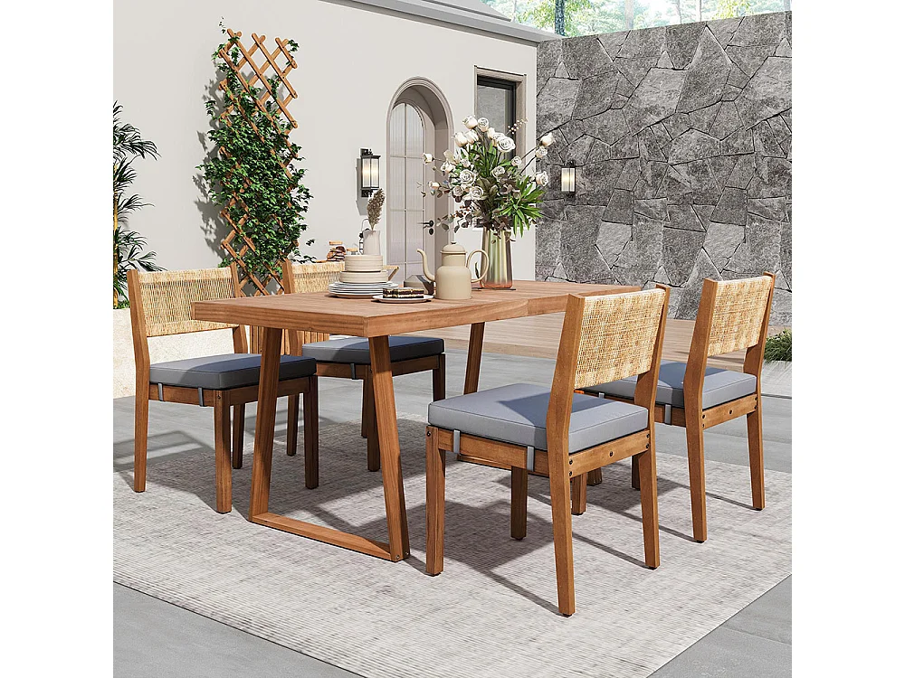 Conjunto de mesa de jantar de exterior com 5 peças, costas em rotim PE, mesa e cadeiras em madeira de acácia, cor natural e cinzenta