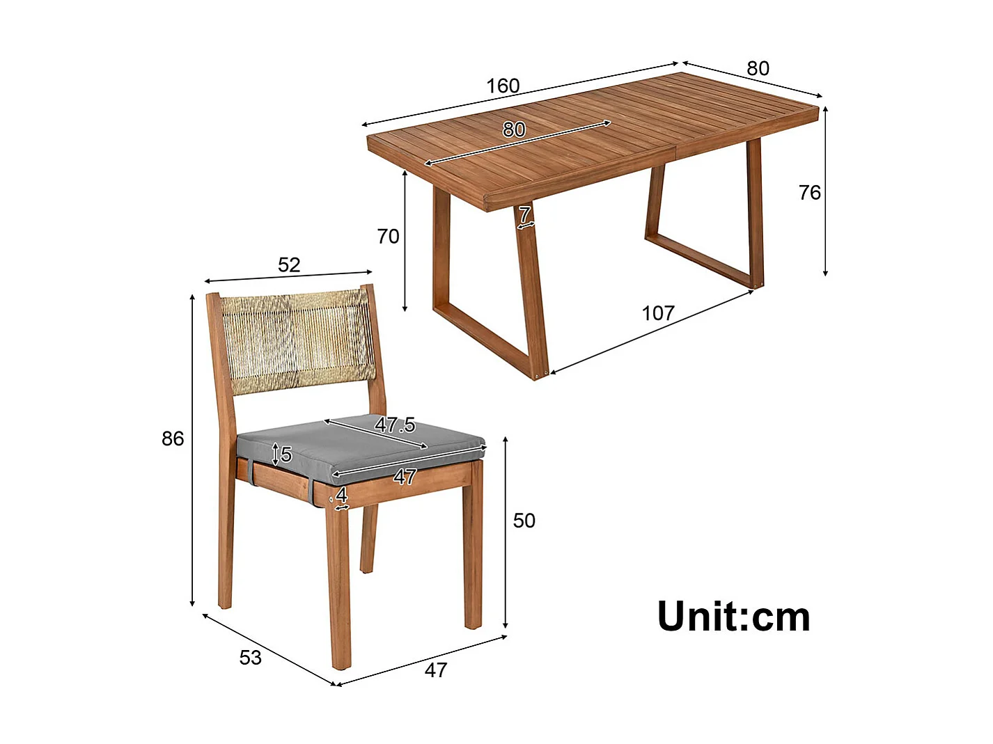 Conjunto de mesa de jantar de exterior com 5 peças, costas em rotim PE, mesa e cadeiras em madeira de acácia, cor natural e cinzenta