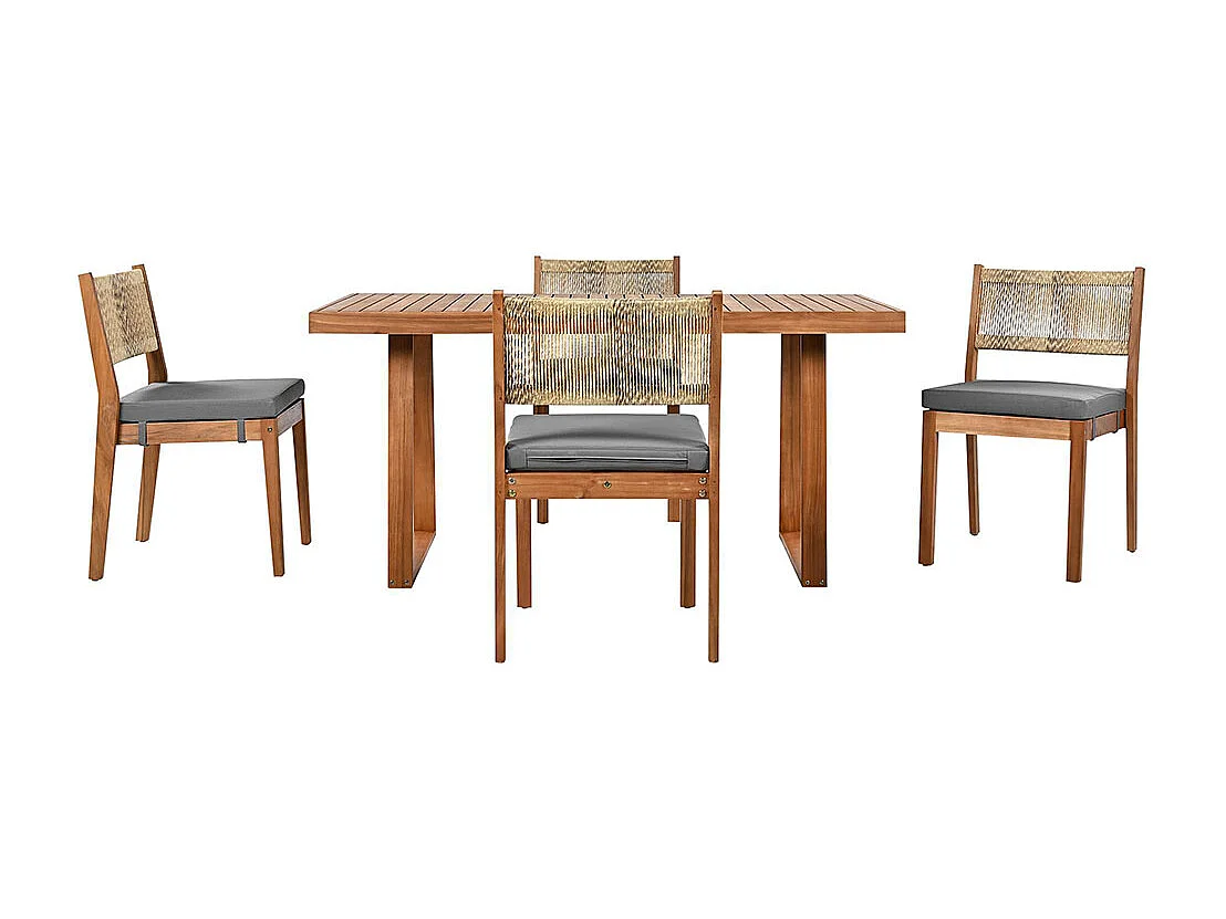 Conjunto de mesa de jantar de exterior com 5 peças, costas em rotim PE, mesa e cadeiras em madeira de acácia, cor natural e cinzenta