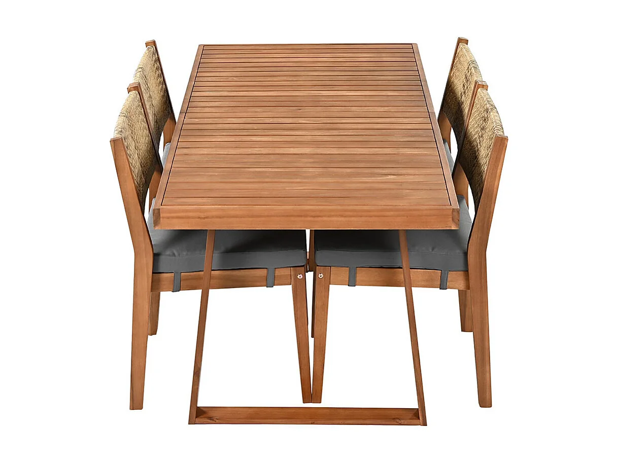 Conjunto de mesa de jantar de exterior com 5 peças, costas em rotim PE, mesa e cadeiras em madeira de acácia, cor natural e cinzenta
