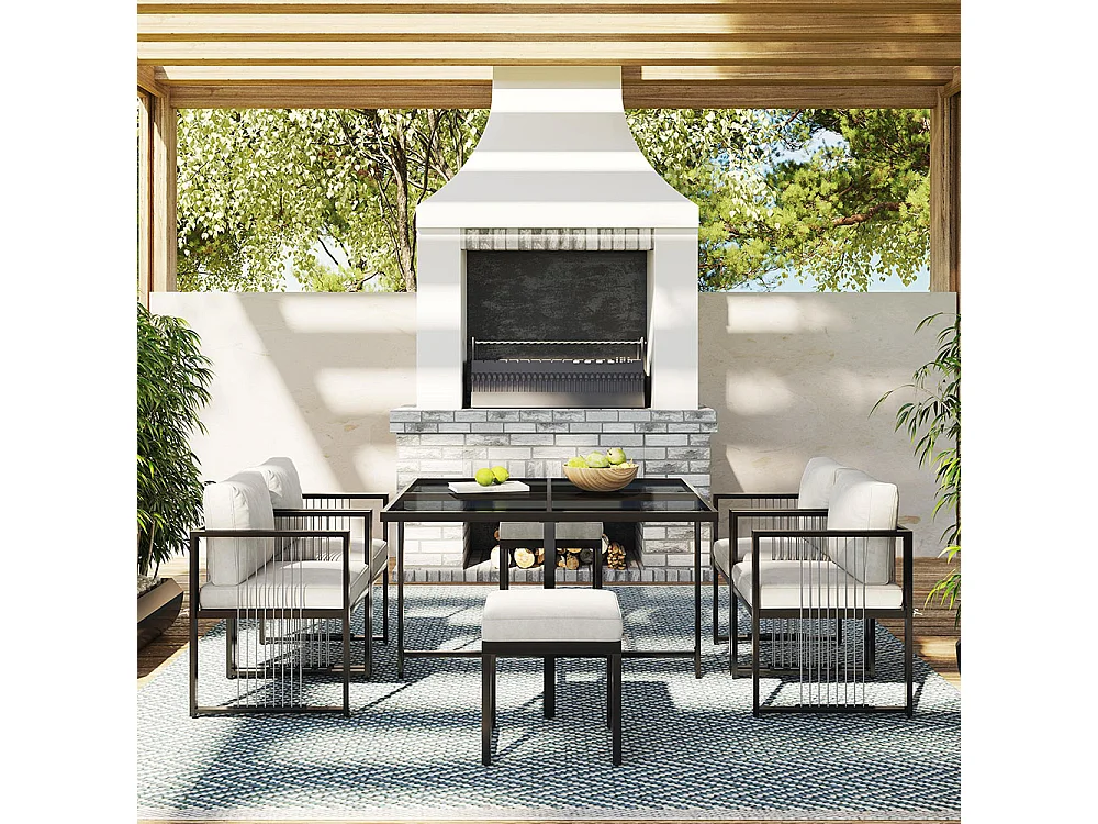 Outdoor-Esstisch und Stühle, 7-teiliges Set, 6 Sitzplätze, Tisch aus gehärtetem Glas, schwarz