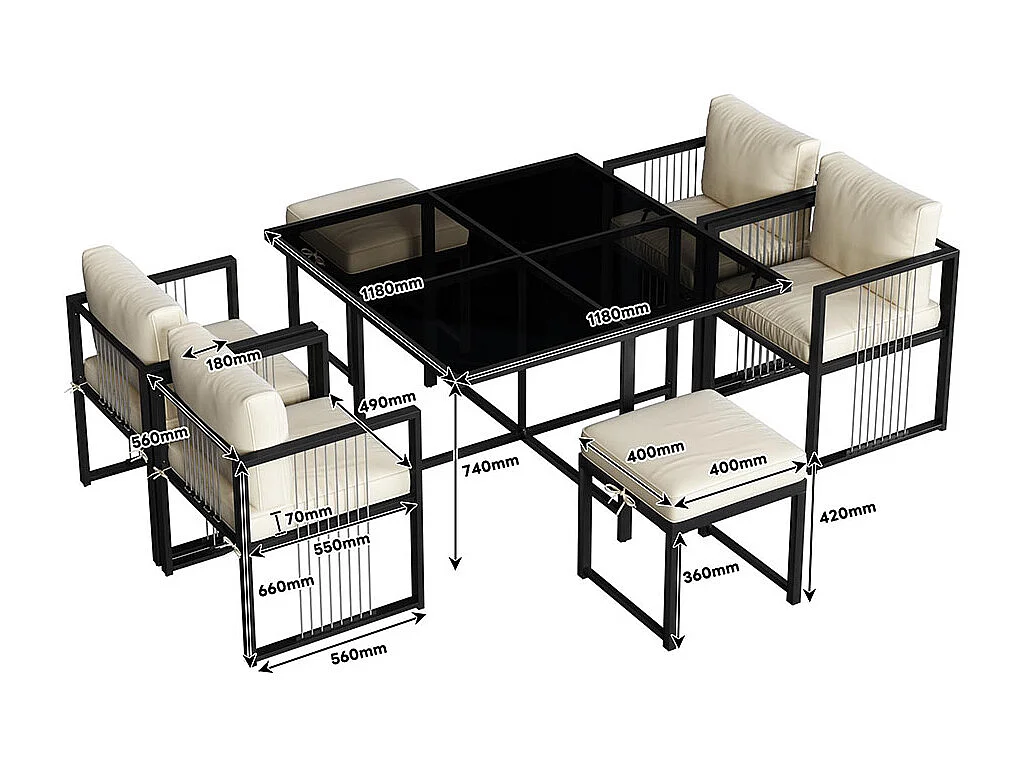 Outdoor-Esstisch und Stühle, 7-teiliges Set, 6 Sitzplätze, Tisch aus gehärtetem Glas, schwarz