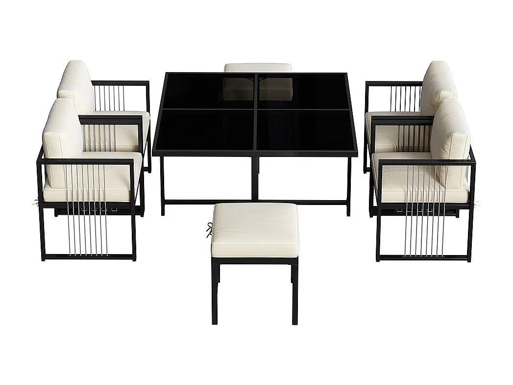 Outdoor-Esstisch und Stühle, 7-teiliges Set, 6 Sitzplätze, Tisch aus gehärtetem Glas, schwarz