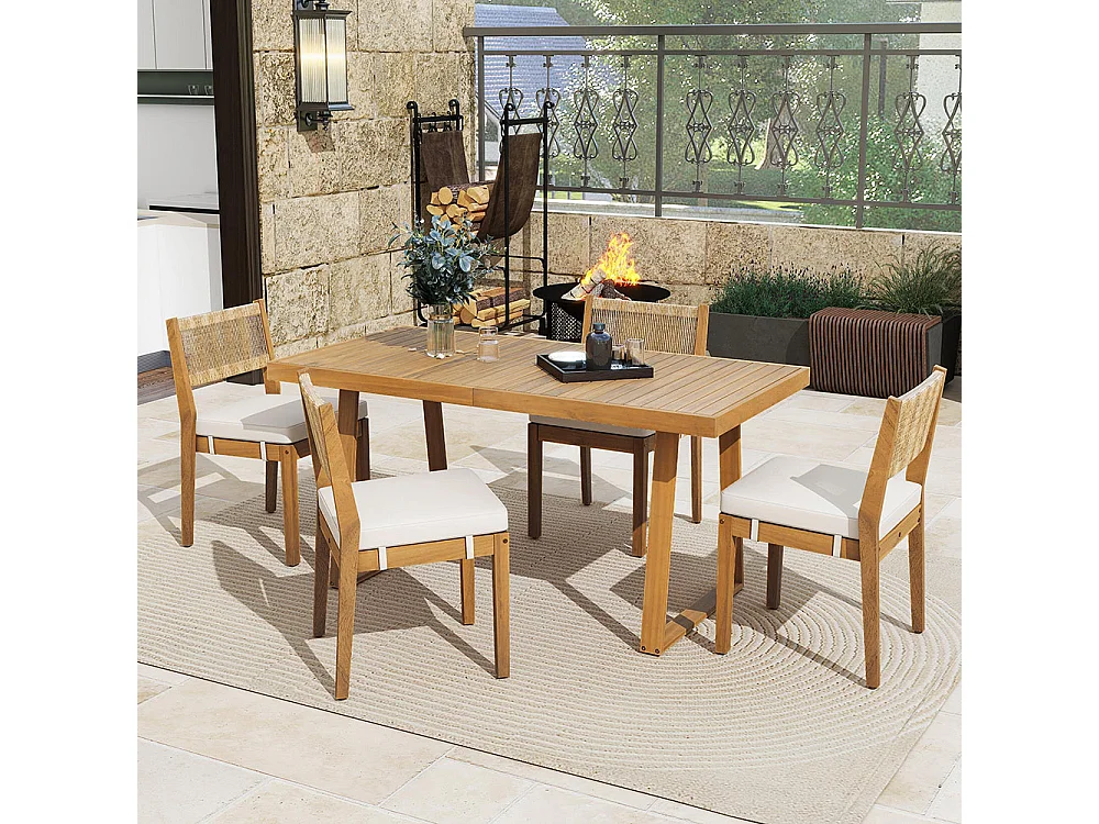 5-delige outdoor eettafel set, PE rotan rug, acacia houten tafel en stoelen, natuurlijke kleur