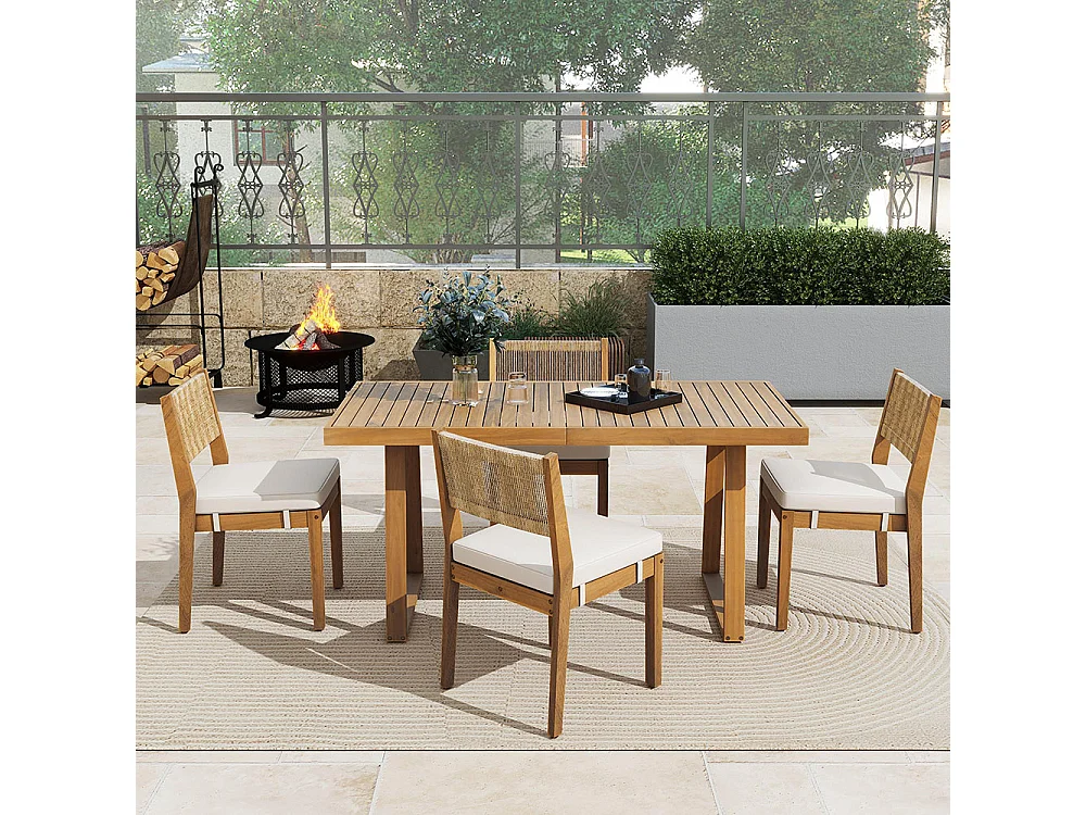 5-delige outdoor eettafel set, PE rotan rug, acacia houten tafel en stoelen, natuurlijke kleur