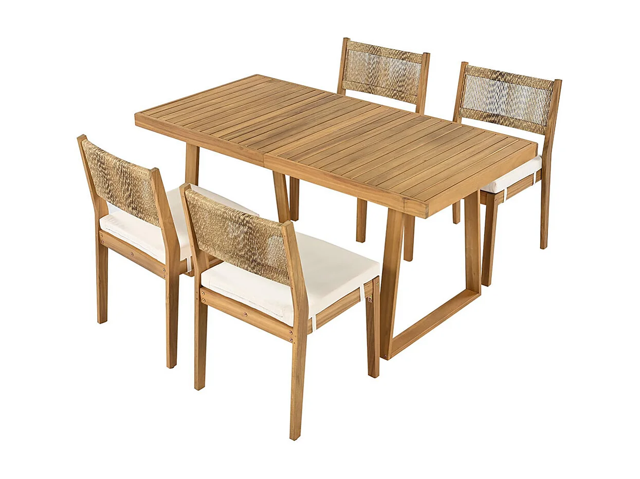 5-delige outdoor eettafel set, PE rotan rug, acacia houten tafel en stoelen, natuurlijke kleur