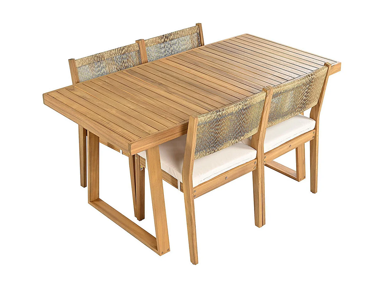 5-delige outdoor eettafel set, PE rotan rug, acacia houten tafel en stoelen, natuurlijke kleur