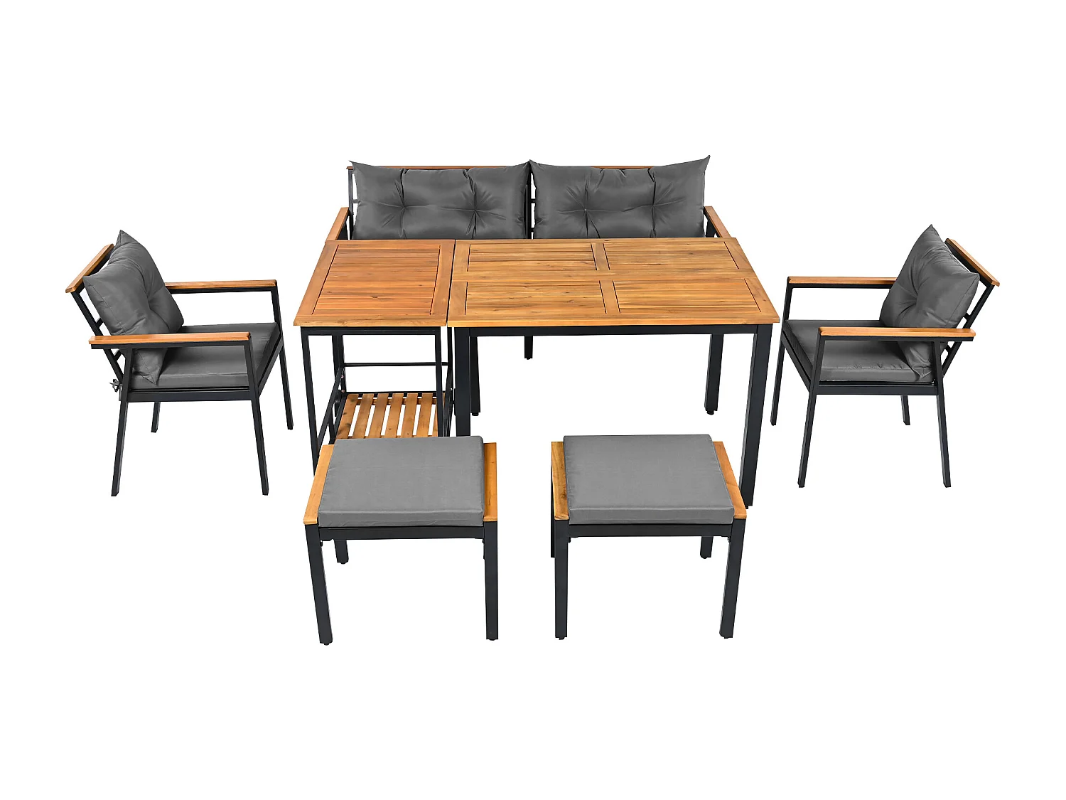 Ensemble table et chaises de jardin 6-7 places avec fauteuils et chariot de salle à manger amovible, revêtement en tissu lavable, noir + gris