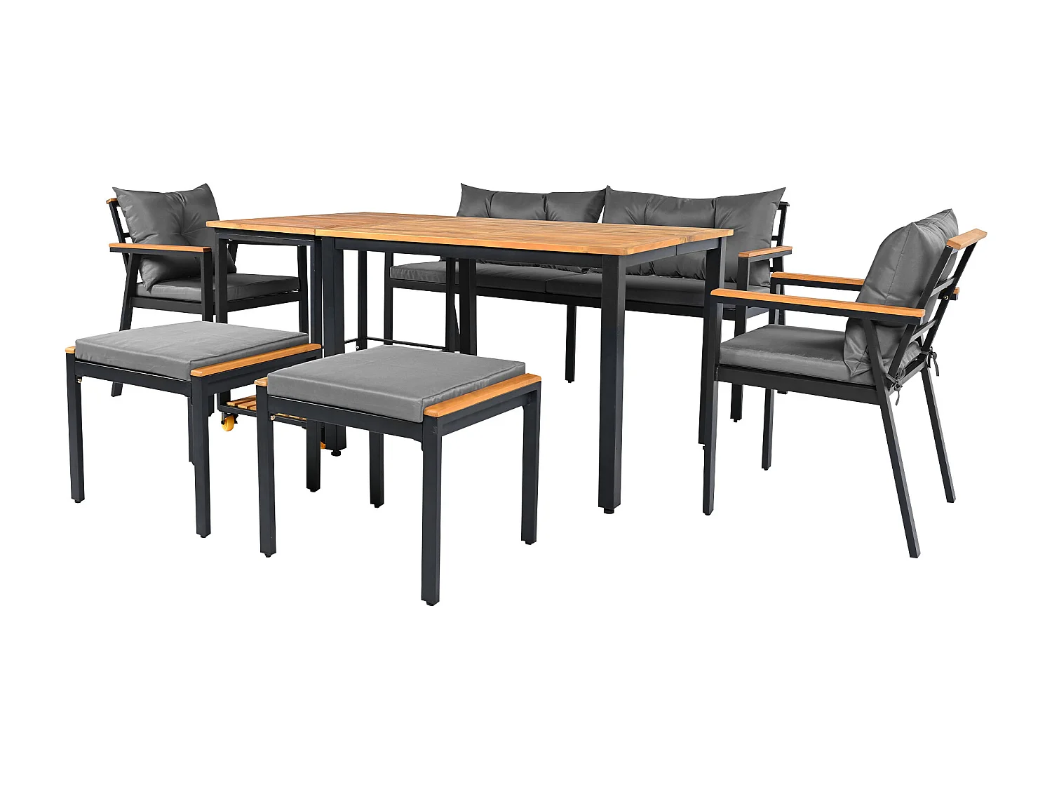 Ensemble table et chaises de jardin 6-7 places avec fauteuils et chariot de salle à manger amovible, revêtement en tissu lavable, noir + gris