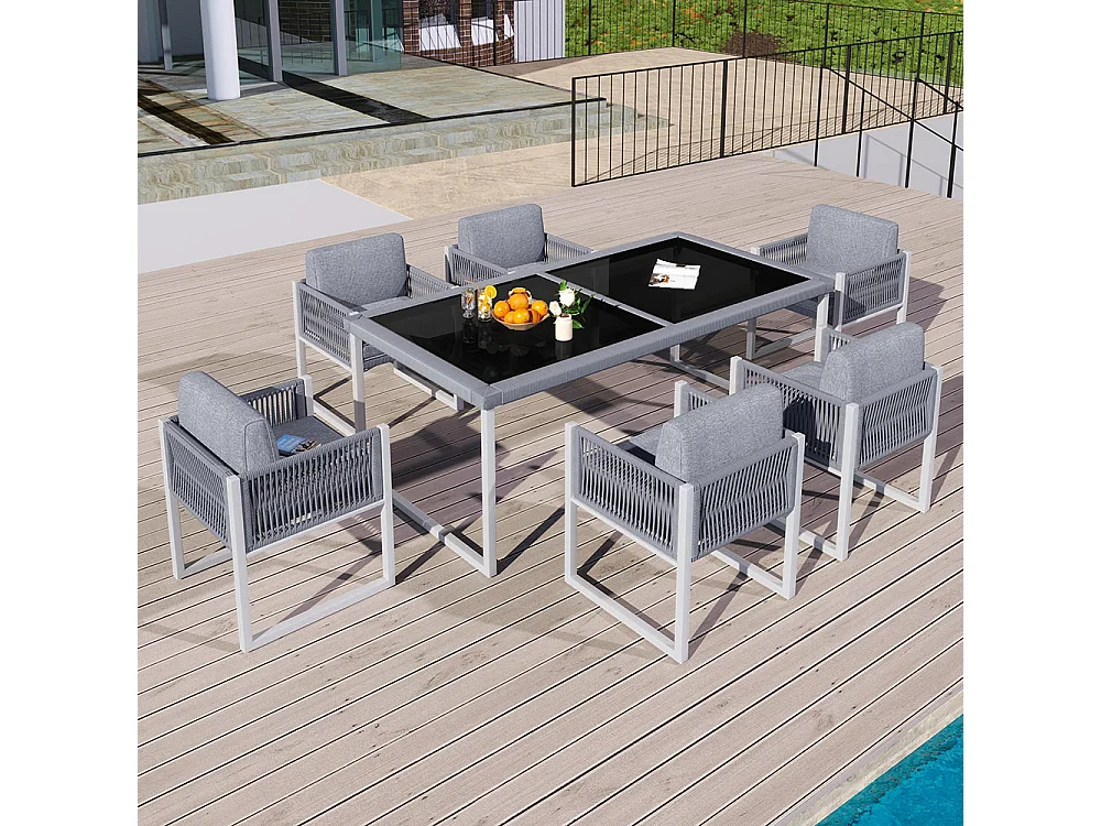 Tavolo e sedie da giardino per 6 persone con poltrone e rivestimento in tessuto sfoderabile e lavabile