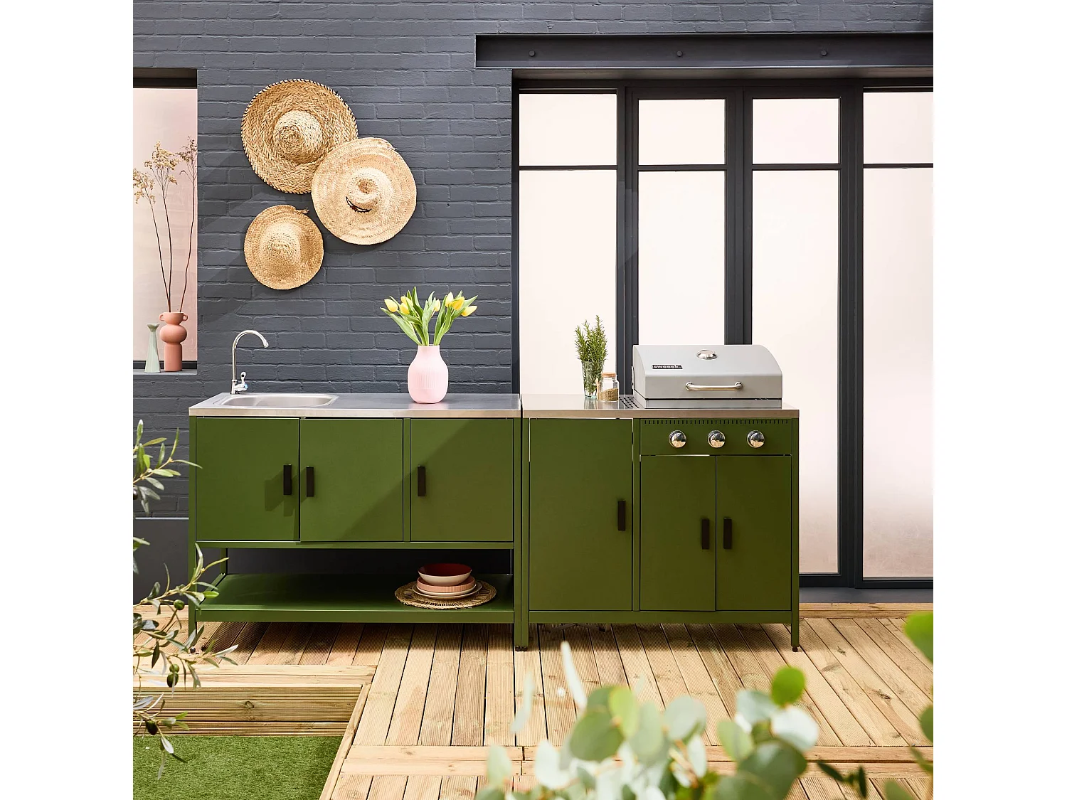 Cucina esterna 3 moduli con barbecue a gas 3 bruciatori su piedi,