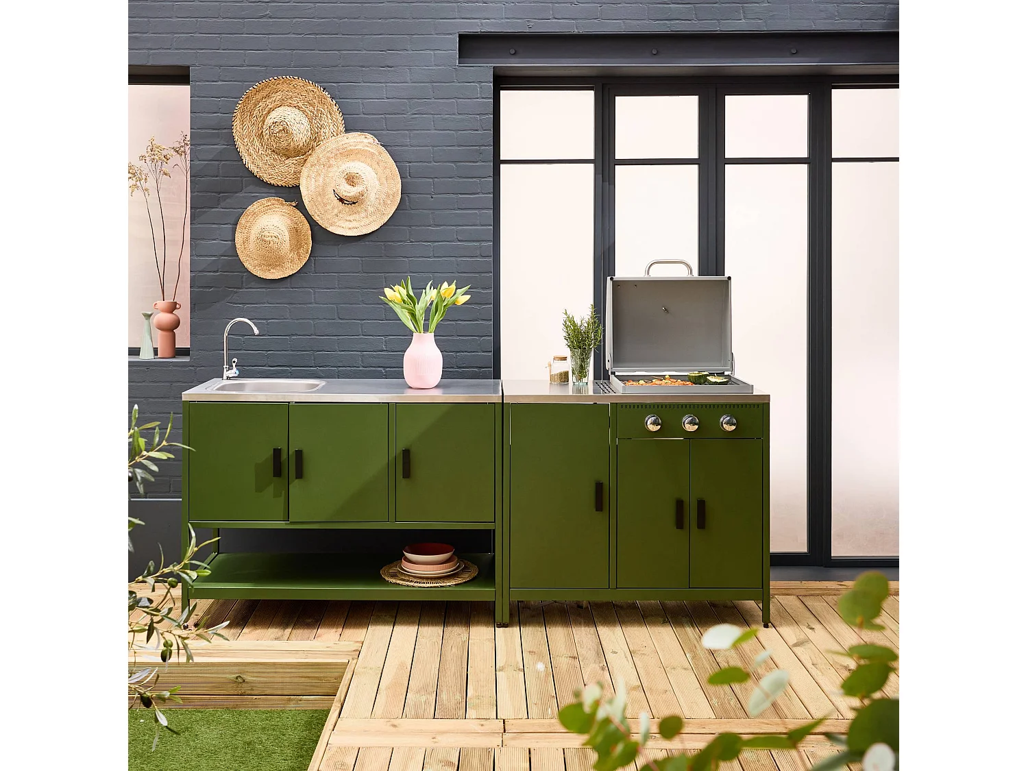 Cucina esterna 3 moduli con barbecue a gas 3 bruciatori su piedi,