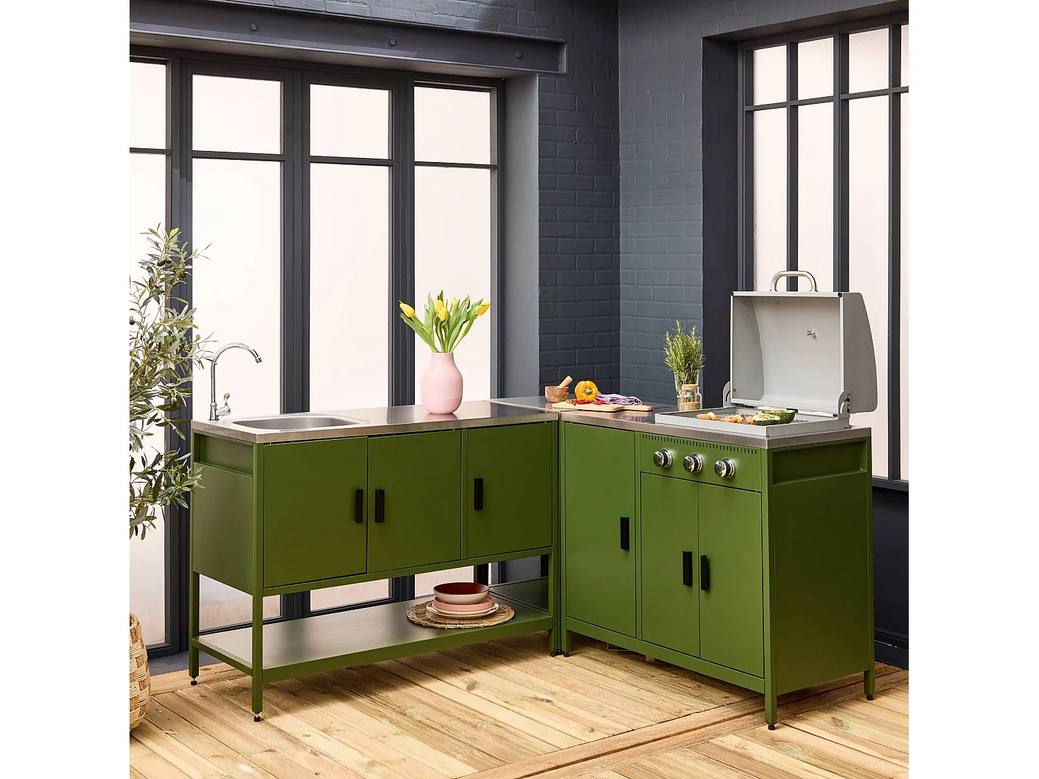 Cucina esterna 3 moduli con barbecue a gas 3 bruciatori su piedi,