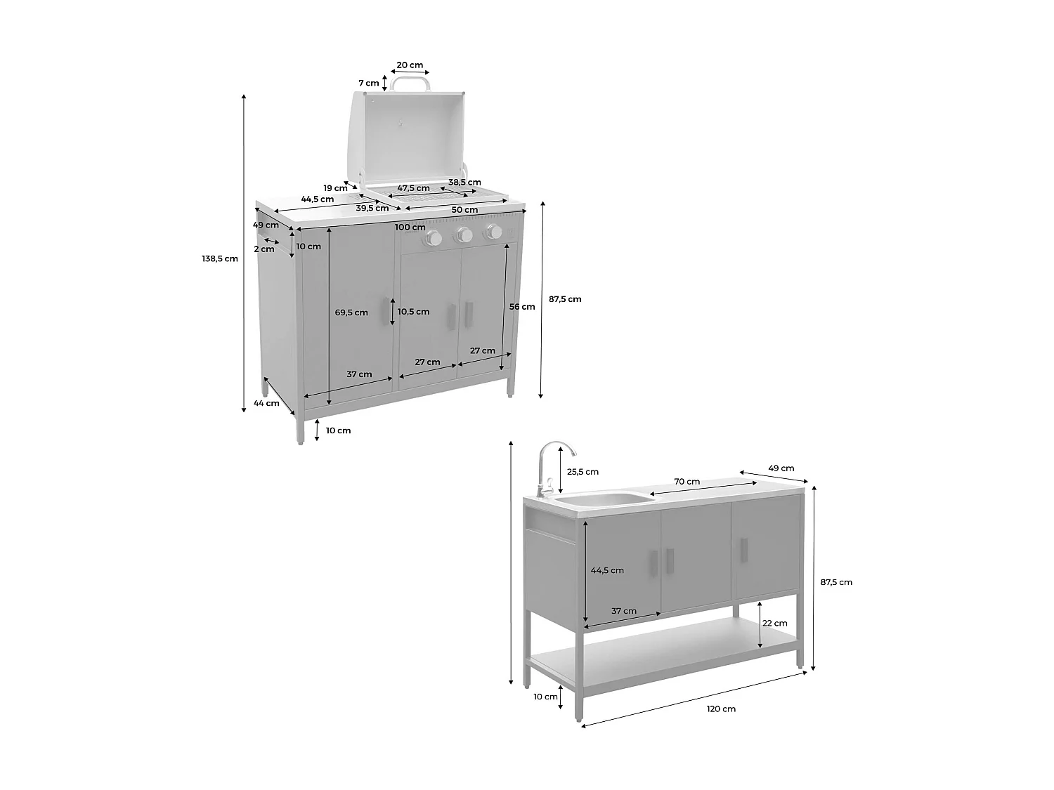 Cucina esterna 3 moduli con barbecue a gas 3 bruciatori su piedi,