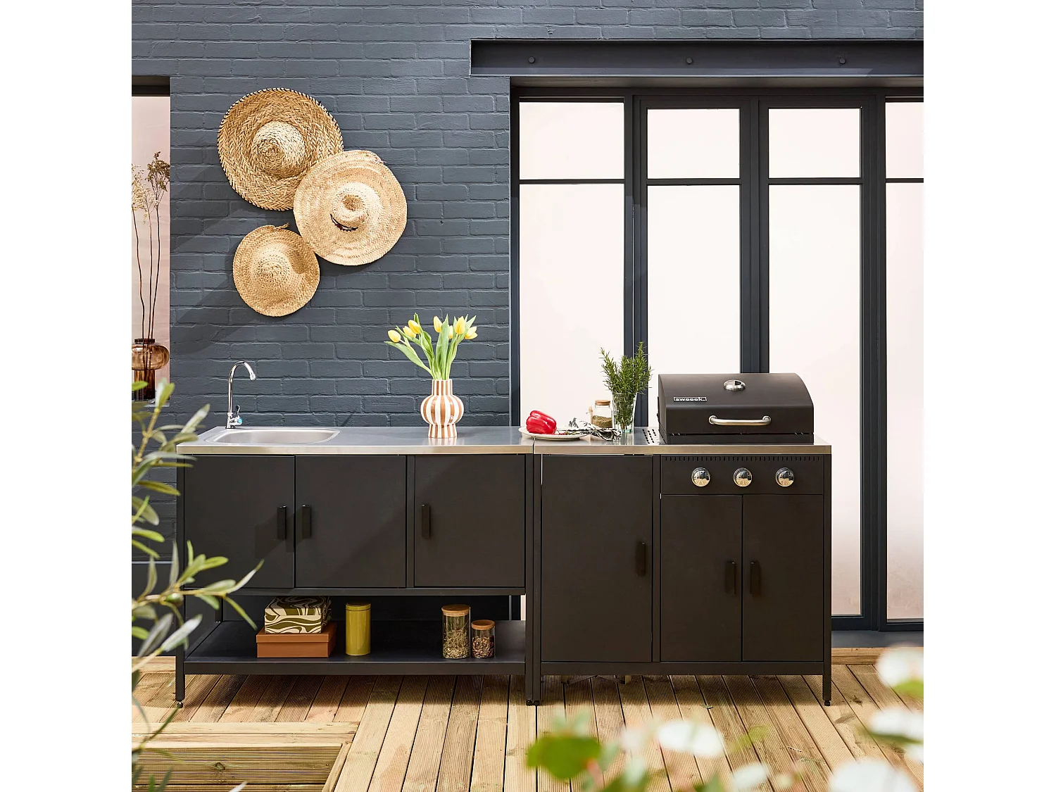 Cucina esterna 3 moduli con barbecue a gas 3 bruciatori su piedi,